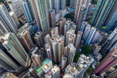 Central, Hong Kong - 29 Nisan 2019: Hong Kong şehrinin havadan görünümü