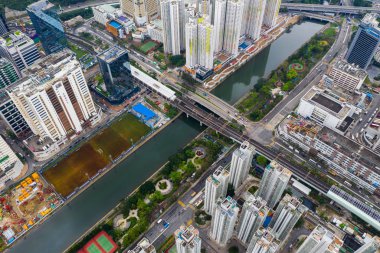 Sha Tin, Hong Kong - 04 Mayıs 2019: Hong Kong apartmanının havadan görünümü