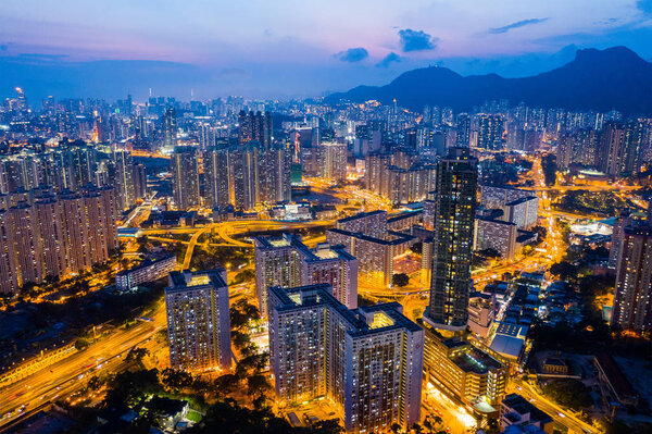 Kowloon Bay, Hong Kong - 25 April, 2019: Top view of Hong Kong cityscape at night