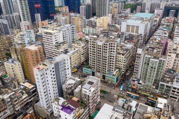 Sham Shui Po, Hong Kong - 07 May, 2019: Aerial view of Hong Kong city in kowloon side