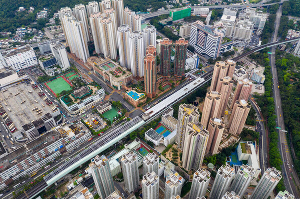 Sha Tin, Hong Kong - 04 May, 2019: Top view of Hong Kong apartment building