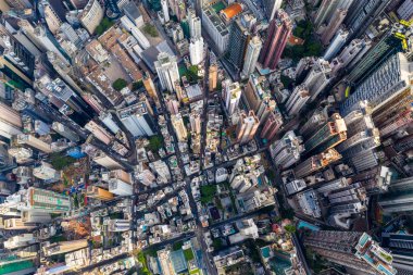 Central, Hong Kong - 30 Nisan 2019: Kong şehrinin yukarıdan aşağıya görünümü