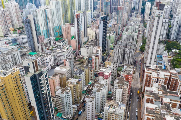 Sham Shui Hong Kong Maio 2019 Drone Sobrevoa Cidade Urbana — Fotografia de Stock
