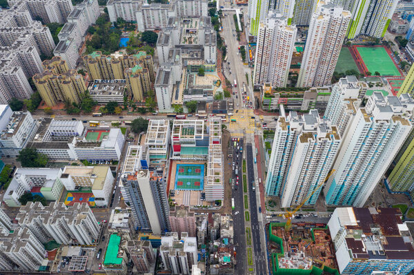 Sham Shui Po, Hong Kong - 07 May, 2019: Drone fly over Hong Kong urban city