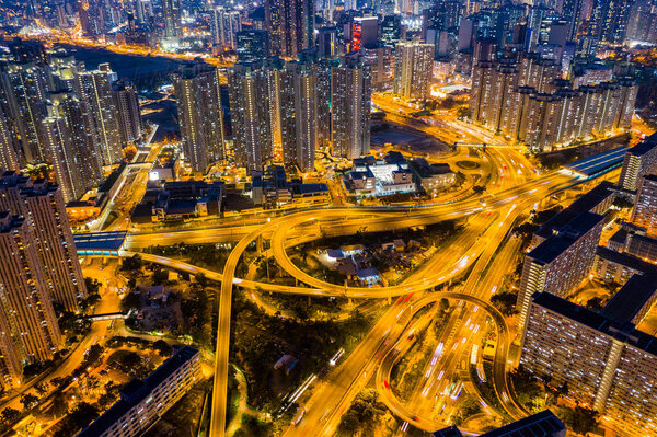 Kowloon Bay, Hong Kong - 25 April, 2019: Top view of Hong Kong city at night
