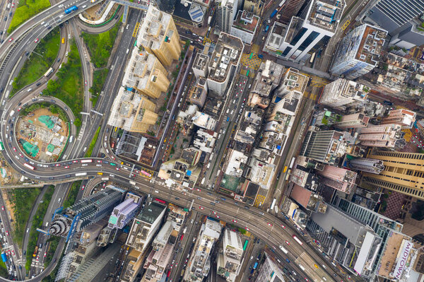 Causeway Bay, Hong Kong - 07 May, 2019: Drone fly over Hong Kong commercial district
