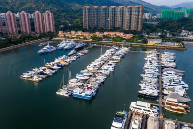 Tuen Mun, Hong Kong - 16 Mayıs 2019: Hong Kong altın sahilinin havadan görünümü