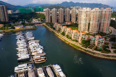 Tuen Mun, Hong Kong - 16 Mayıs 2019: Hong Kong altın sahilinin havadan görünümü