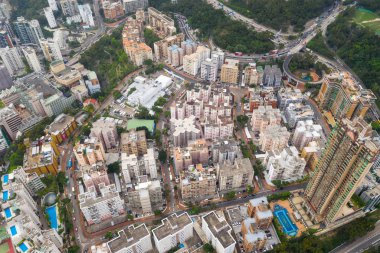 Kowloon Tong, Hong Kong - 17 Mayıs 2019: Hong Kong şehrinin havadan görünümü