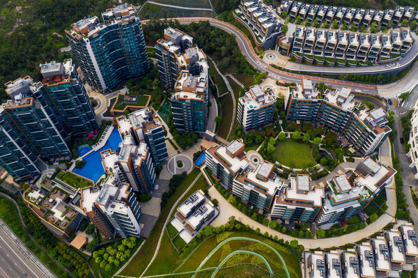 Tuen Mun, Hong Kong - 16 May, 2019: Aerial view of Hong Kong residential district