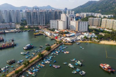 Tuen Mun, Hong Kong - 16 Mayıs 2019: Hong Kong altın sahilinin havadan görünümü