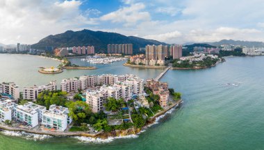 Tuen Mun, Hong Kong - 16 Mayıs, 2019: Hong Kong yerleşim bölgesinin havadan görünümü