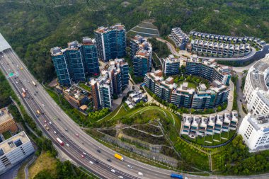 Tuen Mun, Hong Kong - 16 Mayıs, 2019: Hong Kong yerleşim bölgesinin havadan görünümü