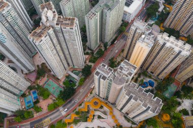 Wong Tai Sin, Hong Kong - 17 Mayıs 2019: insansız hava aracı Hong Kong üzerinde uçuyor