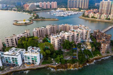 Tuen Mun, Hong Kong - 16 Mayıs 2019: Hong Kong altın sahilinin havadan görünümü