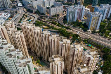Kowloon Bay, Hong Kong - 12 Mayıs, 2019: Hong Kong şehrinin havadan görünümü