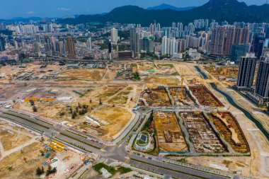 Kai Tak, Hong Kong - 12 Mayıs, 2019: Hong Kong şantiyesinin havadan görünümü