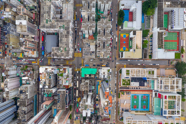 Sham Shui Po, Hong Kong - 06 May, 2019: Top view of Hong Kong city