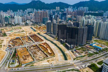 Kai Tak, Hong Kong - 12 Mayıs, 2019: Hong Kong şantiyesinin havadan görünümü