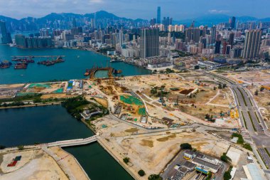 Kai Tak, Hong Kong - 12 Mayıs, 2019: Hong Kong kalkınma bölgesinin havadan görünümü