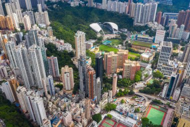 Tin Hau, Hong Kong - 01 Haziran 2019: Hong Kong şehrinin havadan görünümü