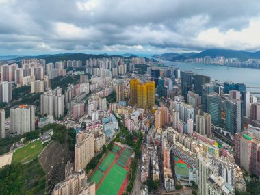 Kwun Tong, Hong Kong - 02 Haziran 2019: Hong Kong şehrinin havadan görünümü