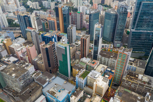 Kwun Tong, Hong Kong - 02 June, 2019: Top view of Hong Kong city