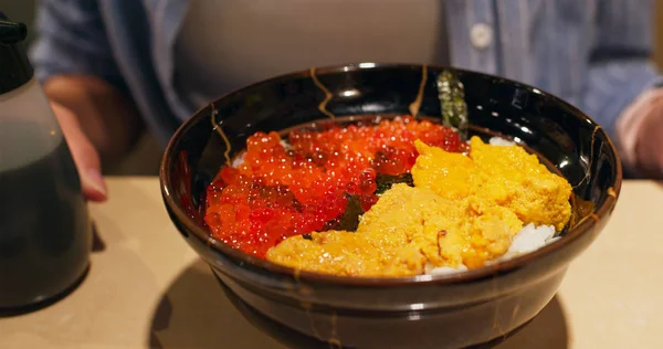 Japanese Sashimi Rice Bowl Urchin Salmon Row — Stock Photo, Image