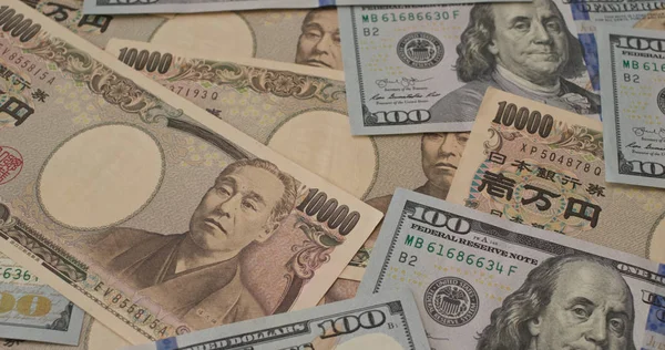 Högen Japanska Och Usd Sedlar — Stockfoto