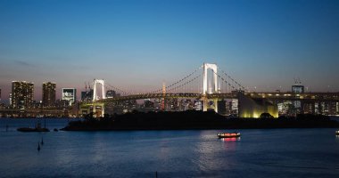 Tokyo, Japonya - 02 Temmuz, 2019: Akşam Odaiba şehir silueti
