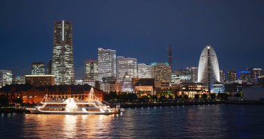 Yokohama, Japonya - 09 Temmuz 2019: Gece Yokohama Şehri