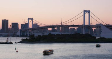 Tokyo, Japonya - 01 Temmuz 2019: Akşam Odaiba şehir manzarası