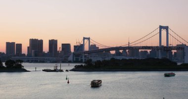Tokyo, Japonya - 01 Temmuz 2019: Odaiba şehir manzarası gün batımında