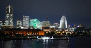 Yokohama, Japonya - 09 Temmuz 2019: Gece Yokohama Şehri