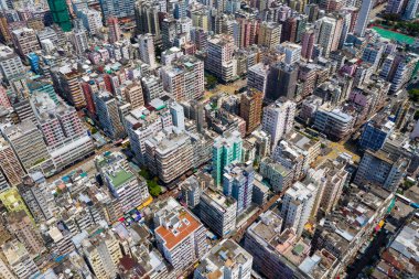 Sham Shui Po, Hong Kong - 12 Eylül 2019: Hong Kong şehir merkezinin hava manzarası