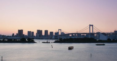 Tokyo, Japonya - 01 Temmuz 2019: Akşam Odaiba şehir manzarası