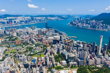 Mong Kok, Hong Kong - 10 Eylül 2019: Hong Kong şehir merkezinin hava görüntüsü