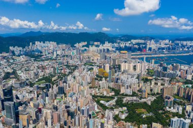 Kowloon Bölgesi, Hong Kong - 10 Eylül 2019: Hong Kong şehrinin en iyi manzarası