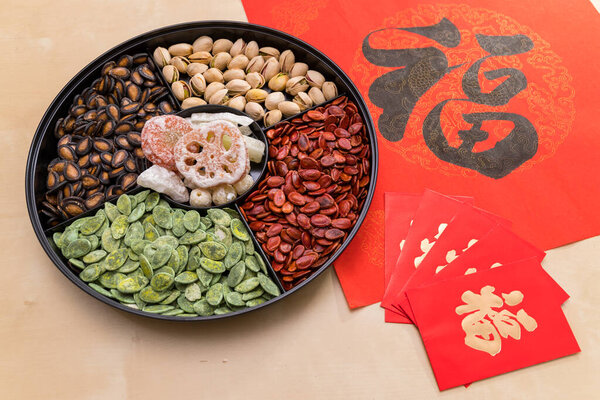 Traditional chinese snack tray for lunar new year celebration