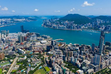 Hung Hom, Hong Kong - 10 Eylül 2019: Hong Kong şehrinin en üst görünümü