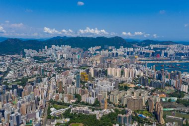 Kowloon tarafı, Hong Kong 10 Eylül 2019: Hong Kong şehri hava manzarası