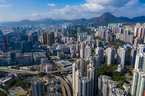 Kwun Tong, Hong Kong 29 February 2020: Aerial view of Hong Kong city