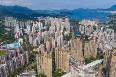 Tai Po, Hong Kong 19 Mayıs 2020: Hong Kong şehrinin hava manzarası