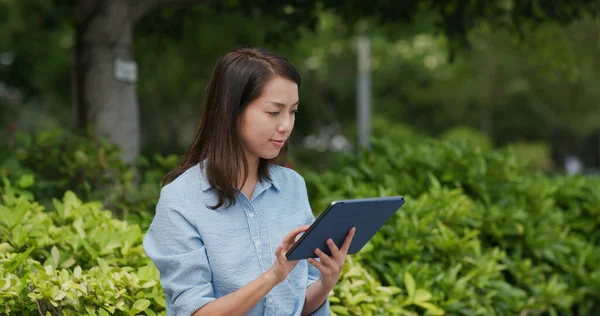 Woman Work Tablet Computer Park — Stock Photo, Image