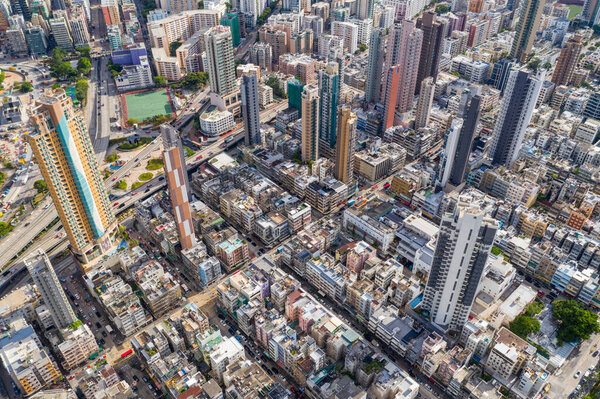 Kowloon city, Hong Kong 27 July 2020: Drone fly over Hong Kong city