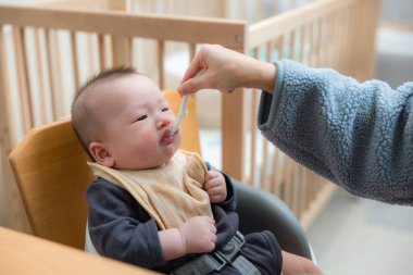 Mother Feeding Baby Puree With Spoon Carefully