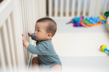 Baby playing inside playpen at home happily