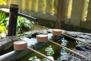 Japanese temple with traditional water fountain outdoors