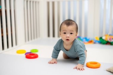Infant enjoying toys inside home playpen safely
