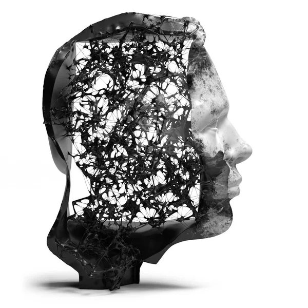 Profile View Black White Sculpture Male Head Neuron Structures Isolated — Stock Photo, Image